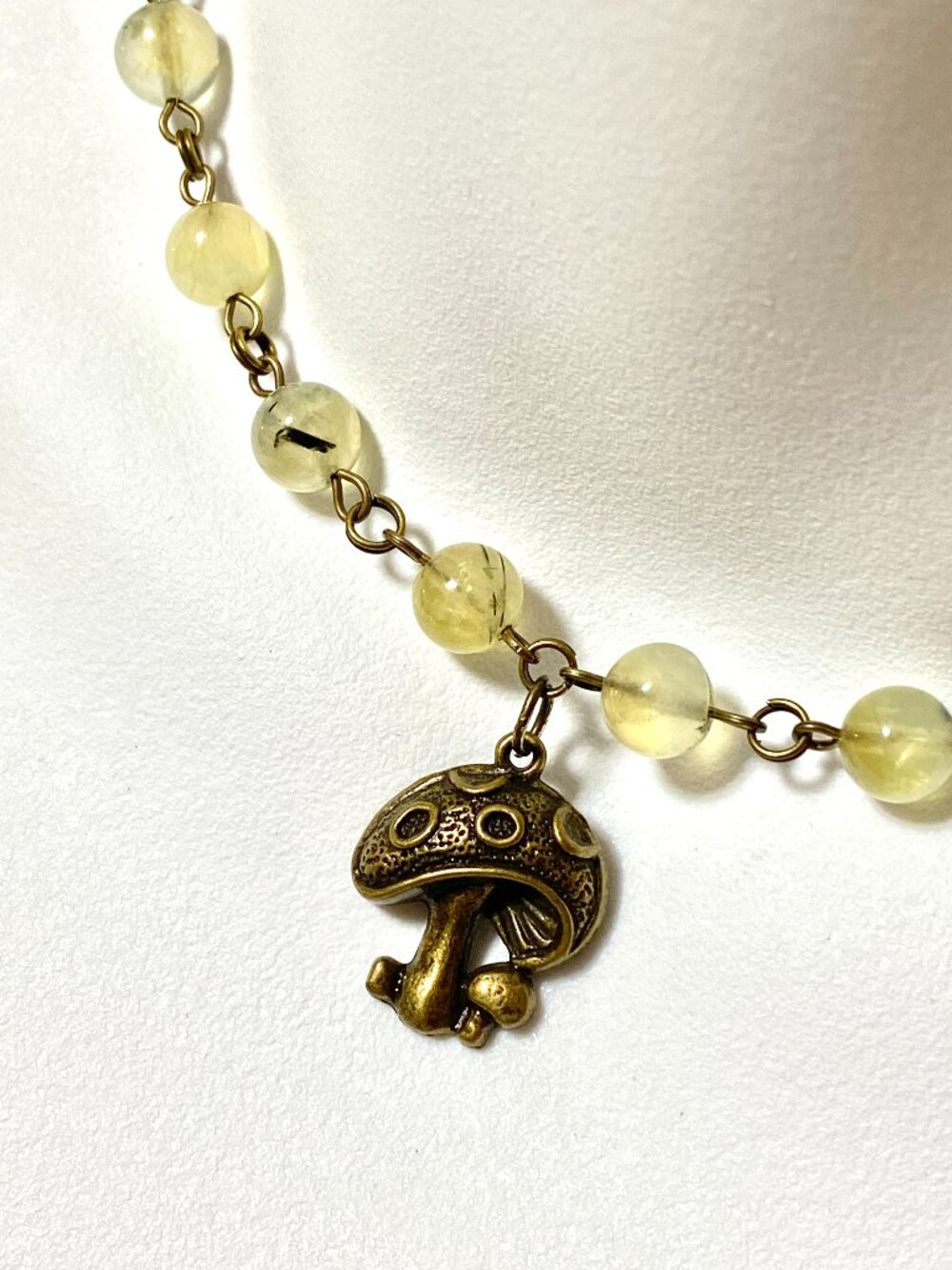 Natural Yellow Green Prehnite Short Necklace, Gemstone & Bronze Round Mushroom